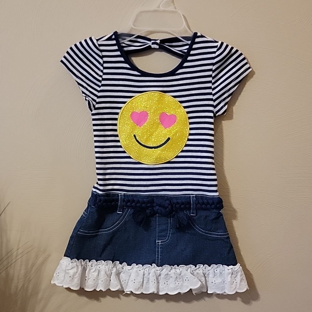 NANNETTE KIDS BLUE & WHITE STRIPED DRESS W DENIM SKIRT WITH SMILEY FACE, SIZE 5